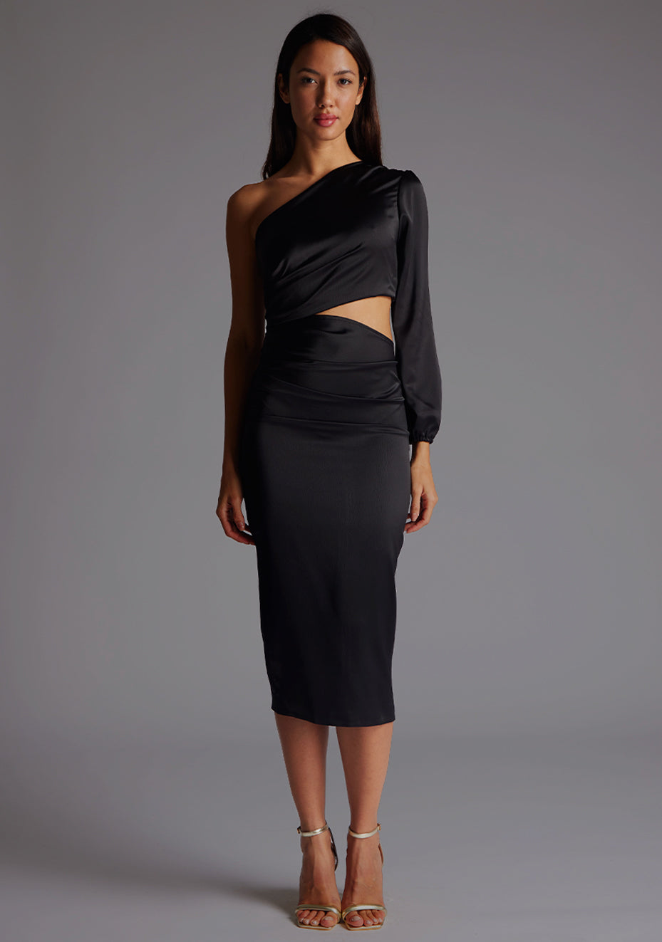 Niccola | One Sleeve Satin Black Midi Dress