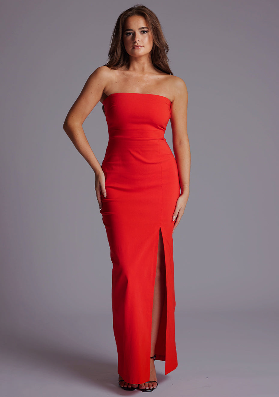 Salma | Bandeau Thigh Split Red Maxi Dress