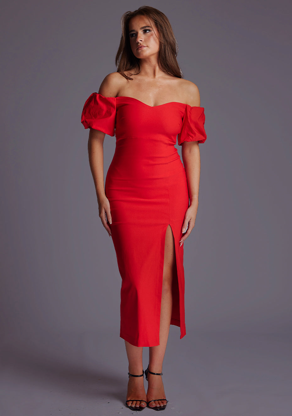 Lottie | Bardot Neckline Red Midaxi Dress