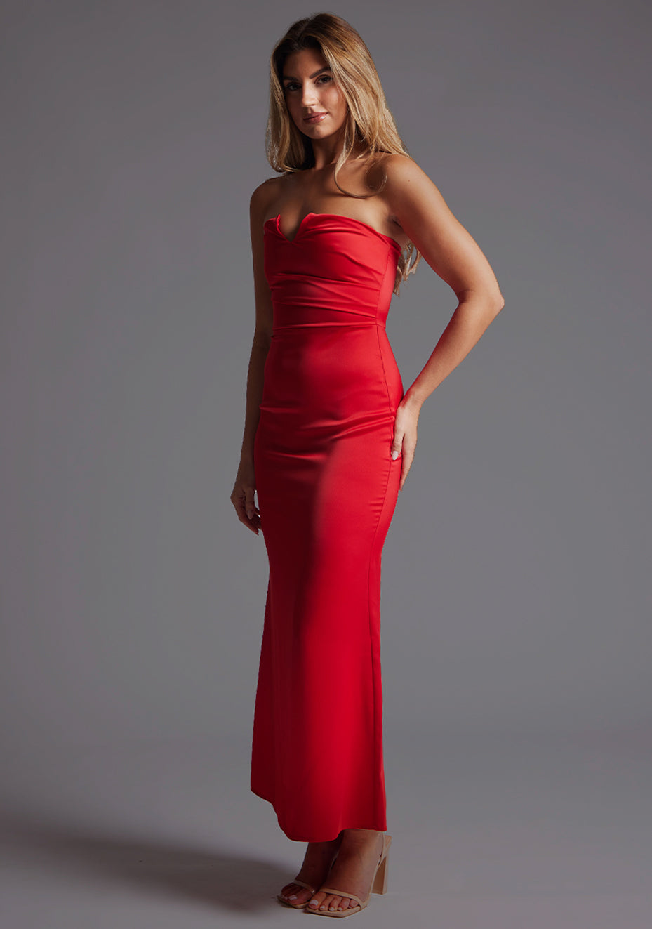 Sabine | Strapless Notch Front Red Maxi Dress