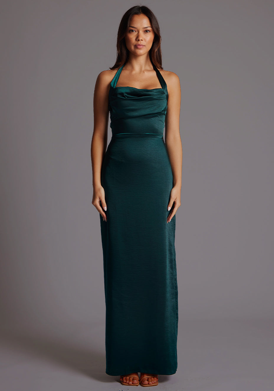 Saige | Satin Cowl Halter Pine Maxi Dress