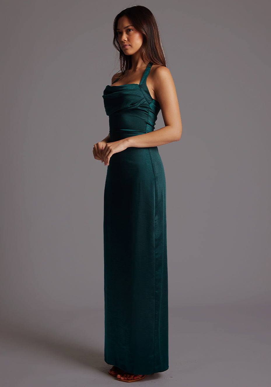 Saige | Satin Cowl Halter Pine Maxi Dress