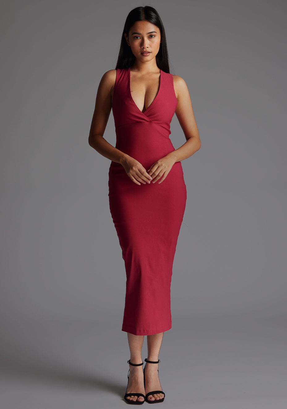 Verona | Plunge Neck Bodycon Raspberry Midaxi Dress